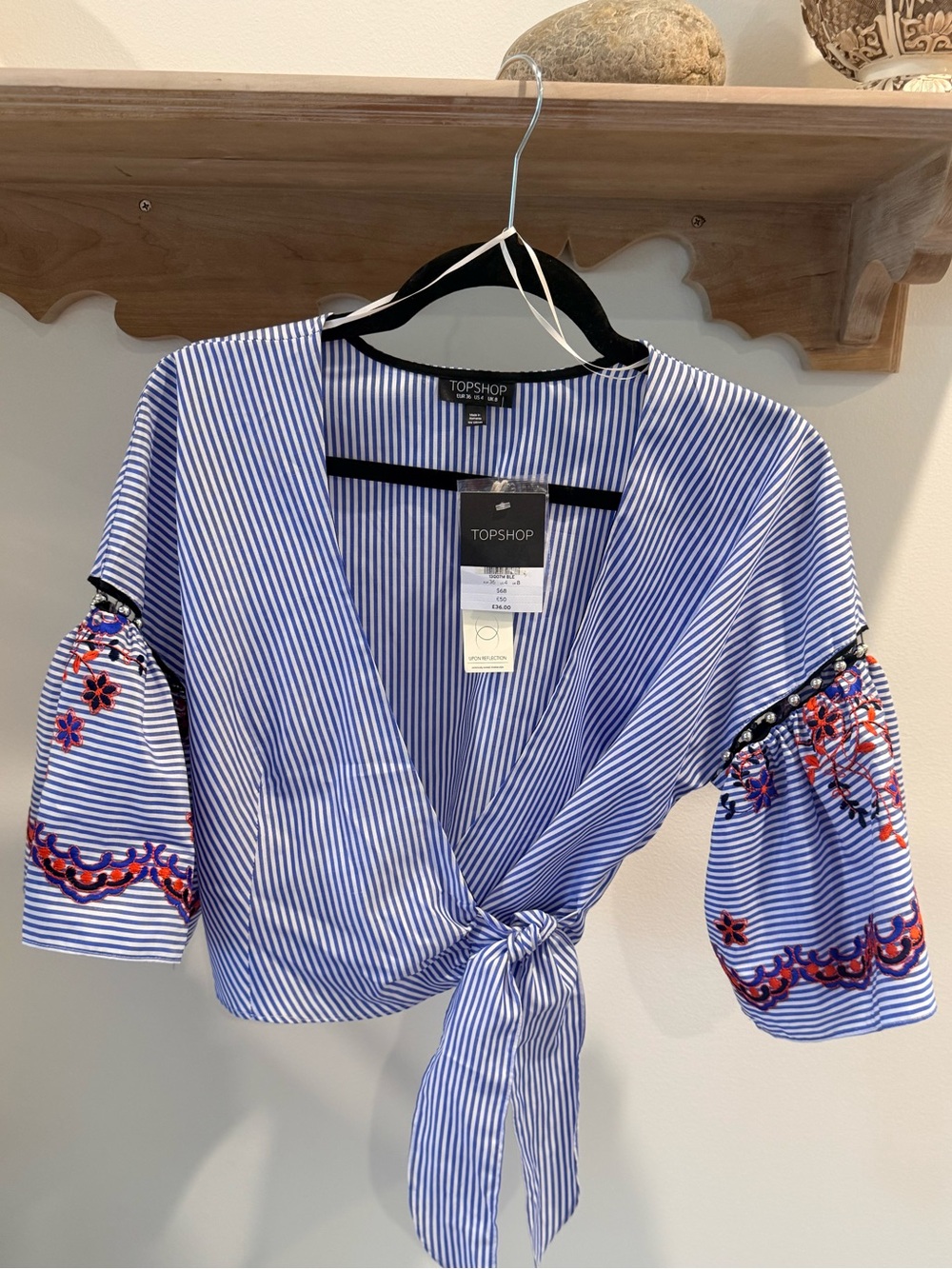 TOPSHOP Blue and White Striped Tie-Front Crop Top with Embroidered Sleeves